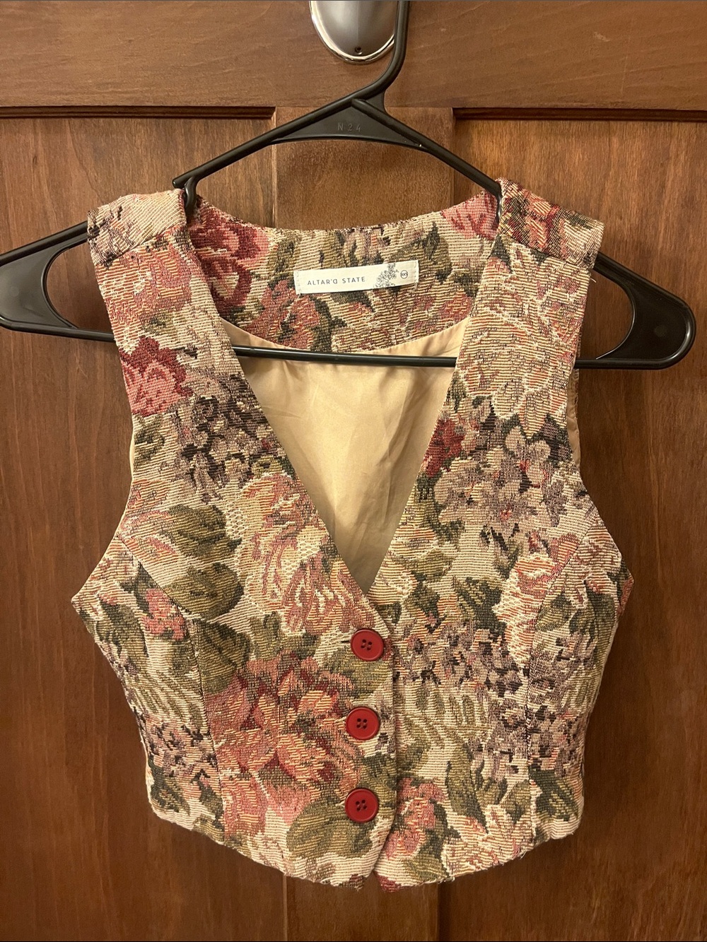 Altar'd State Floral Tapestry Cropped Vest in Pink, Green & Cream